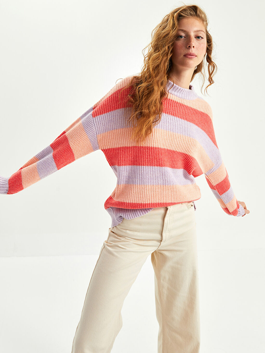 Lila Bisiklet Yaka Renk Bloklu Uzun Kollu Kadın Triko Kazak-1