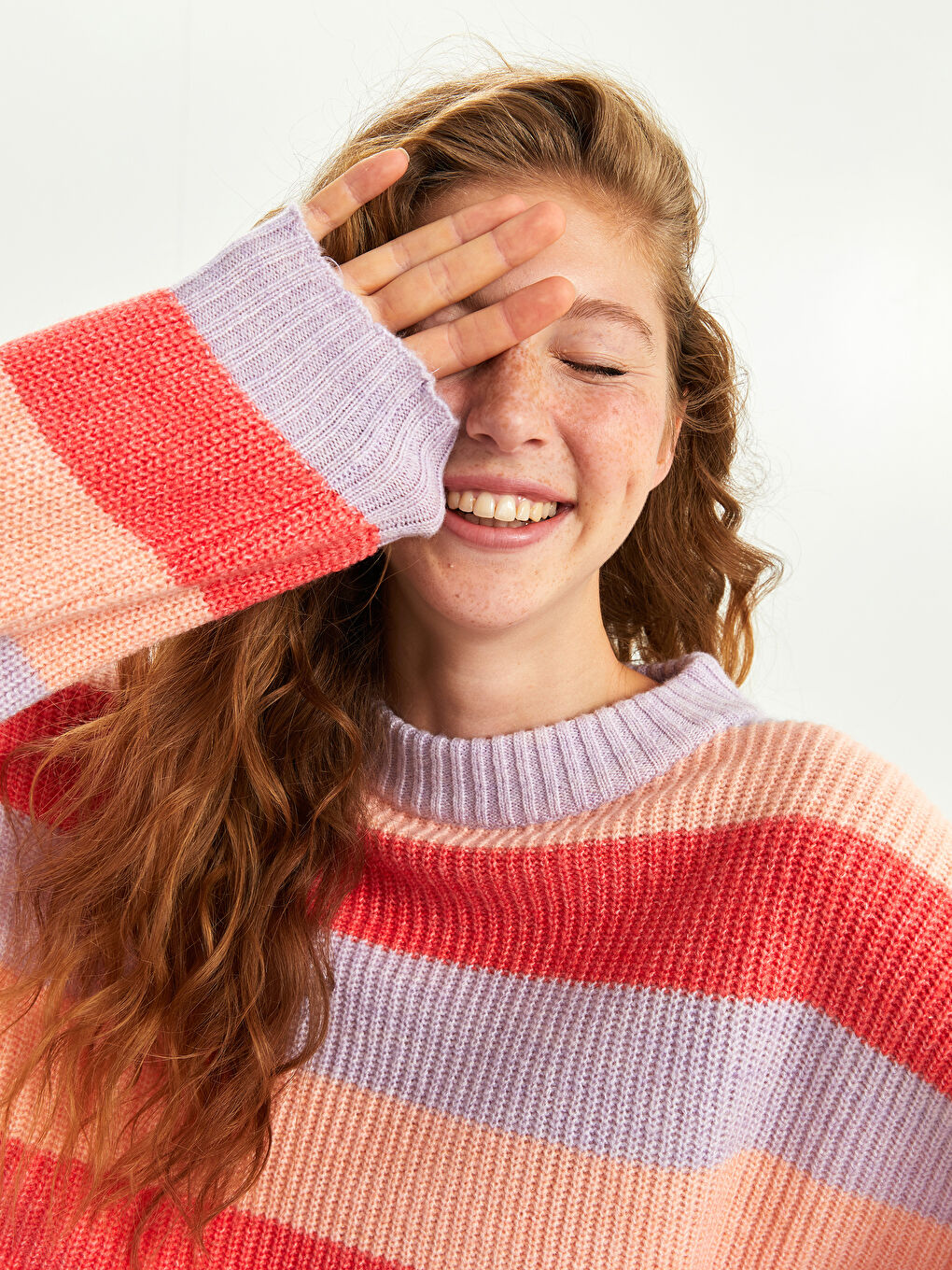 Lila Bisiklet Yaka Renk Bloklu Uzun Kollu Kadın Triko Kazak-2