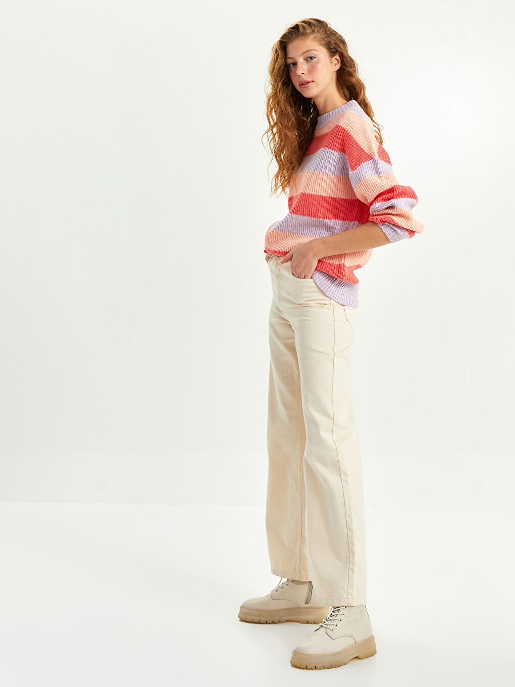 Lila Bisiklet Yaka Renk Bloklu Uzun Kollu Kadın Triko Kazak-3