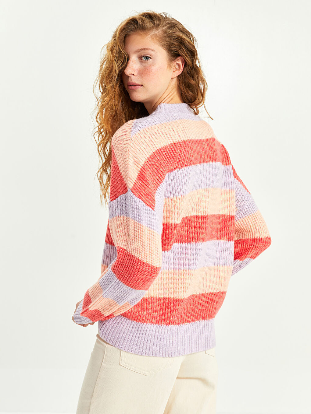 Lila Bisiklet Yaka Renk Bloklu Uzun Kollu Kadın Triko Kazak-4