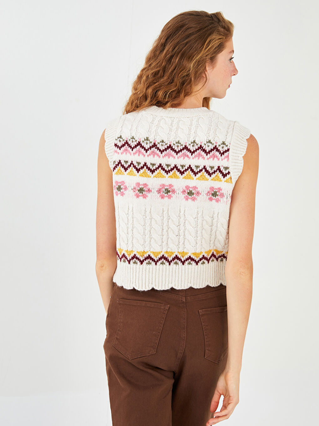 Bej Kadın Bisiklet Yaka Desenli Kolsuz Triko Kazak-6