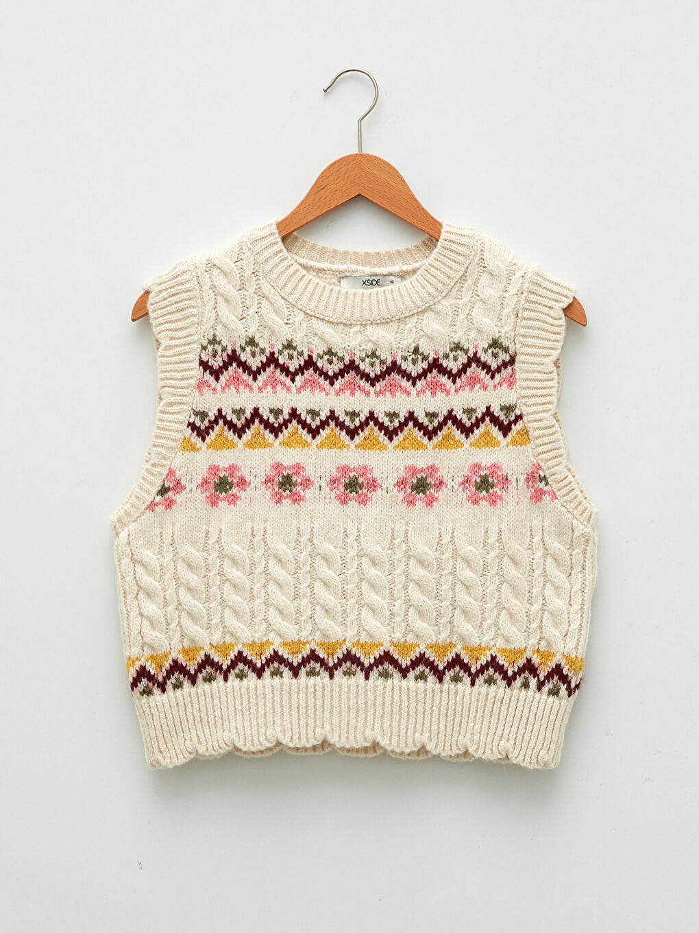 Bej Kadın Bisiklet Yaka Desenli Kolsuz Triko Kazak-7