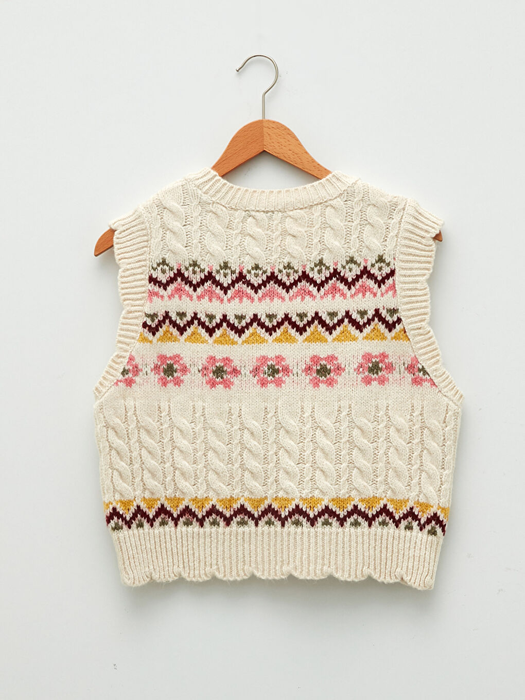 Bej Kadın Bisiklet Yaka Desenli Kolsuz Triko Kazak-8