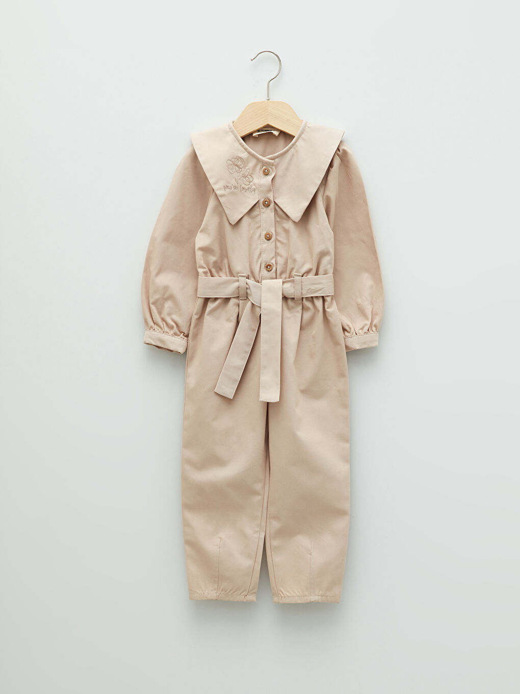 Bej Bisiklet Yaka Uzun Kollu Nakış Detaylı Poplin Kız Bebek Salopet-3