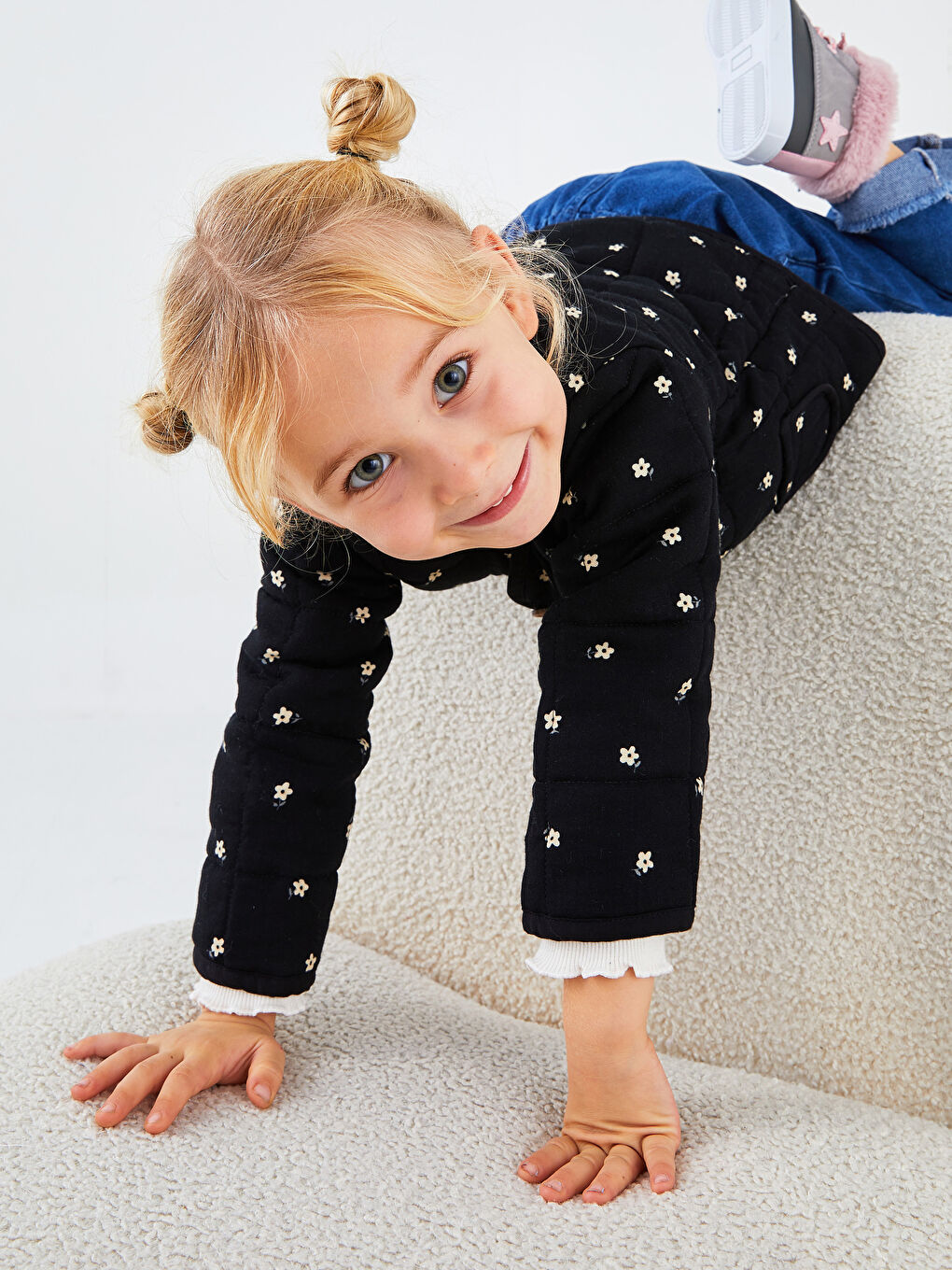 Antrasit Bisiklet Yaka Uzun Kollu Baskılı Kız Bebek Ceket-1