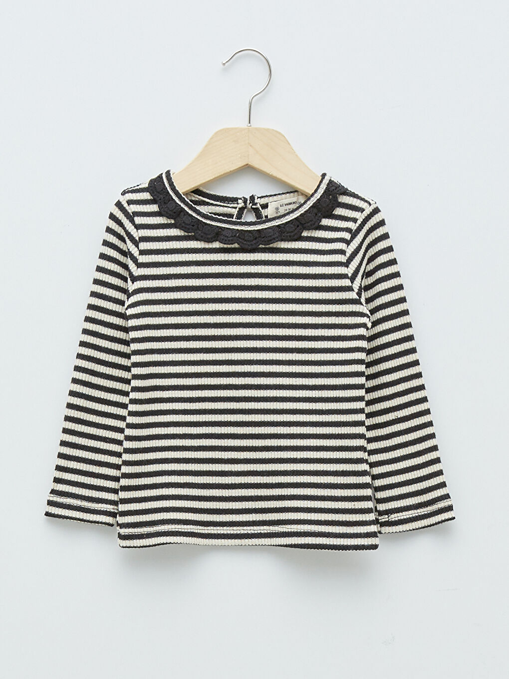 Ekru Bisiklet Yaka Uzun Kollu Çizgili Kız Bebek Tişört