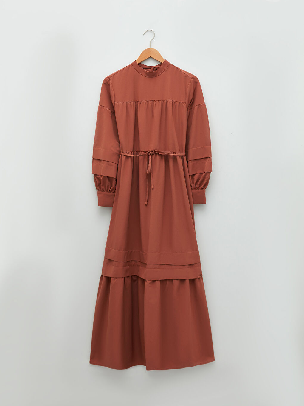 Kahverengi Dik Yaka Düz Uzun Kollu Poplin Kadın Elbise-5