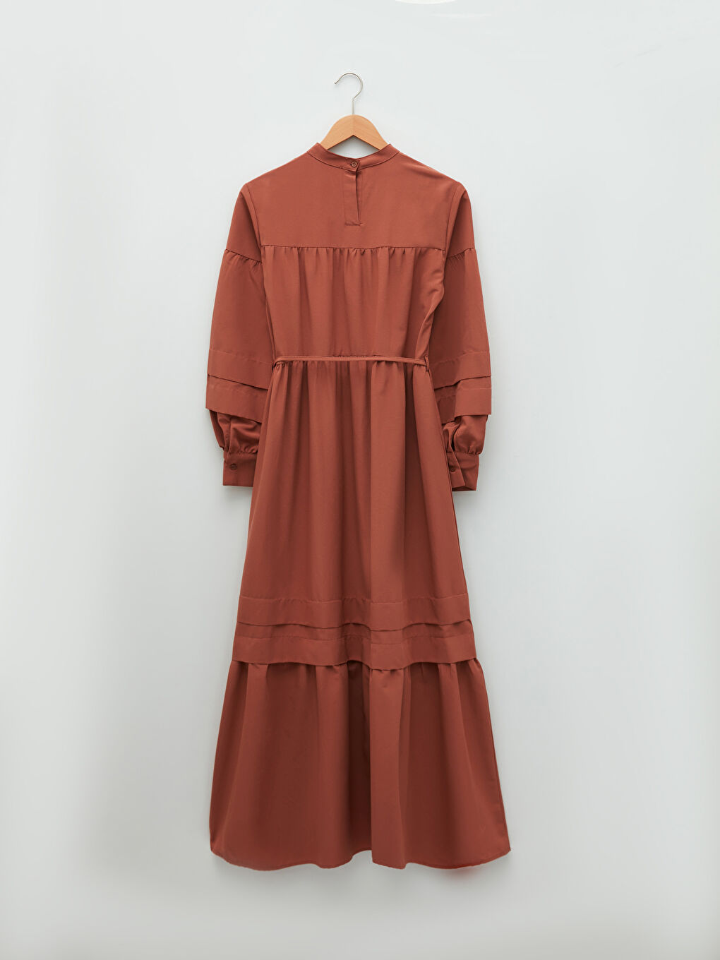 Kahverengi Dik Yaka Düz Uzun Kollu Poplin Kadın Elbise-6