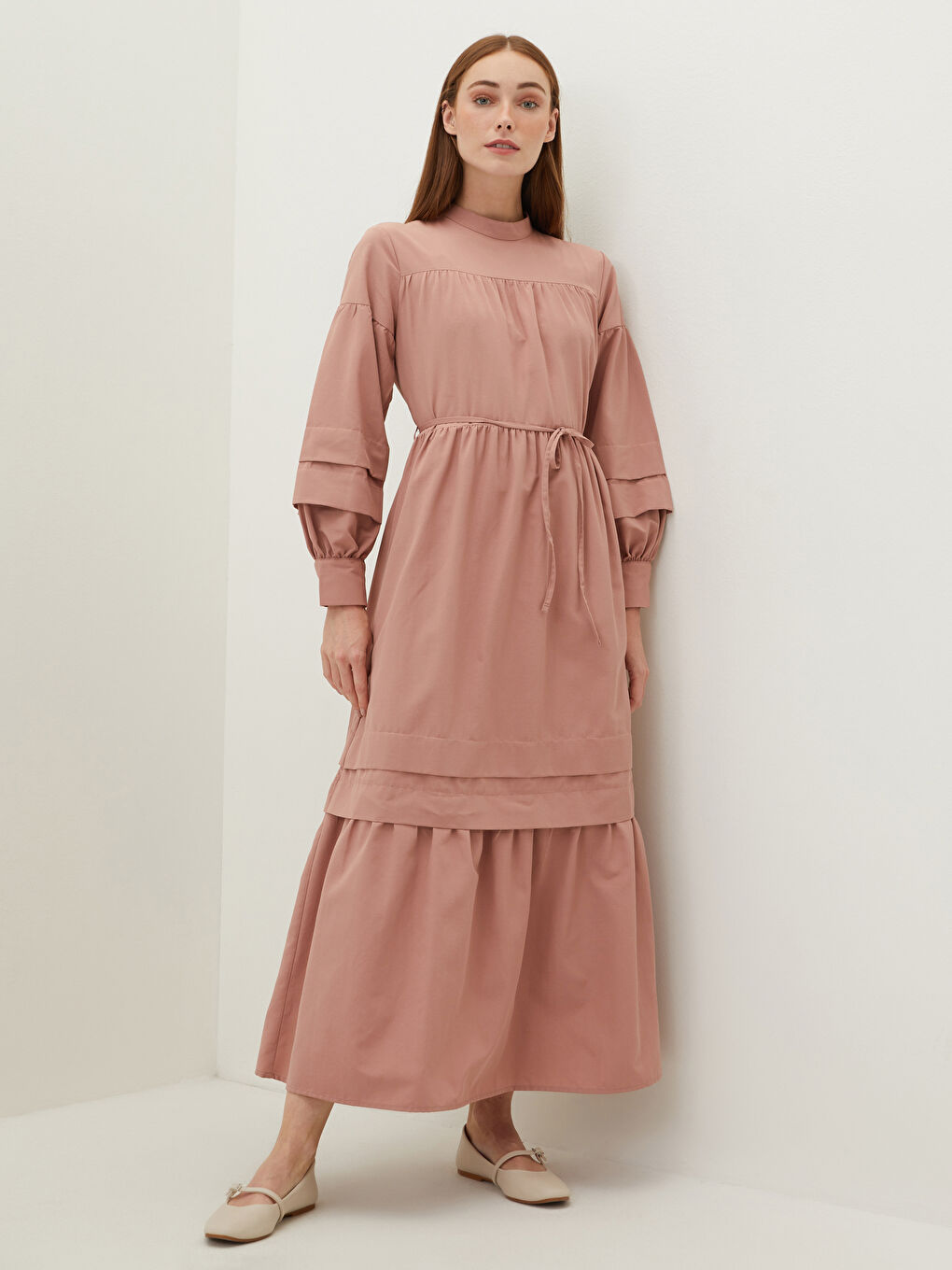 Pembe Dik Yaka Düz Uzun Kollu Poplin Kadın Elbise