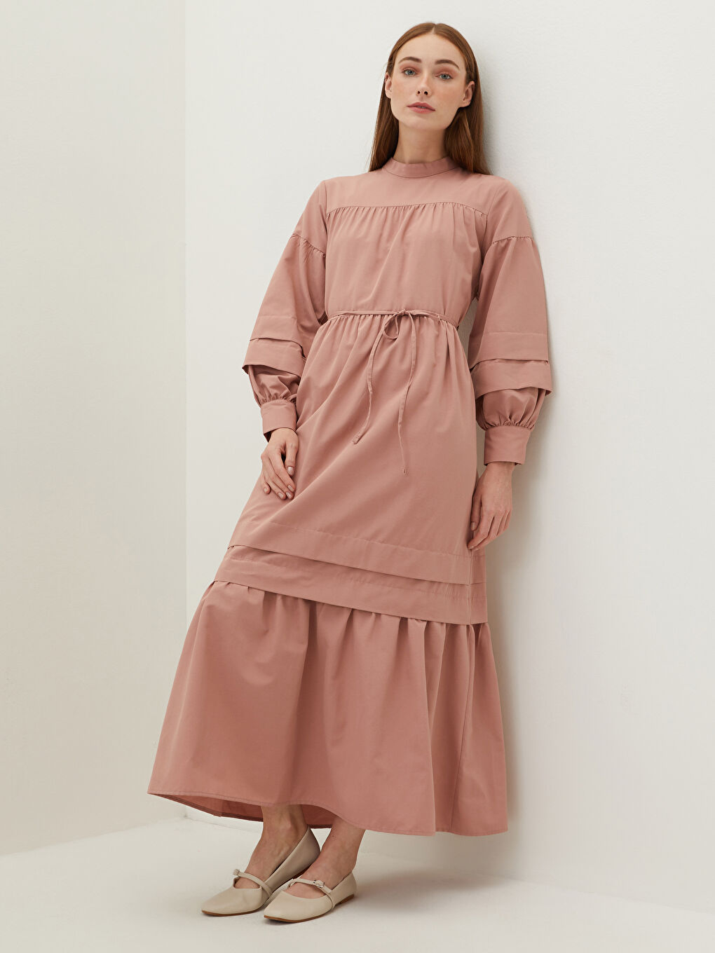 Pembe Dik Yaka Düz Uzun Kollu Poplin Kadın Elbise-1