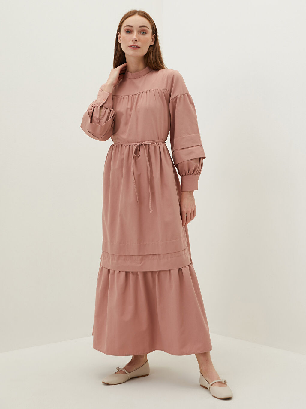 Pembe Dik Yaka Düz Uzun Kollu Poplin Kadın Elbise-2