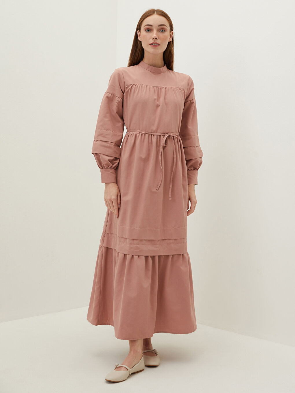 Pembe Dik Yaka Düz Uzun Kollu Poplin Kadın Elbise-3