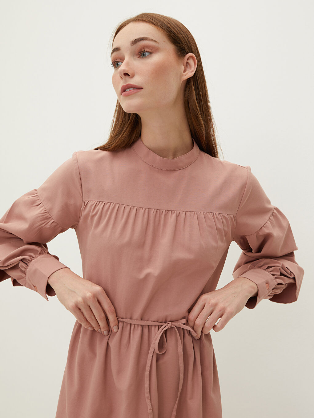 Pembe Dik Yaka Düz Uzun Kollu Poplin Kadın Elbise-4