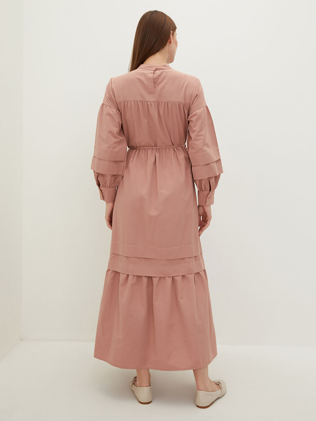 Pembe Dik Yaka Düz Uzun Kollu Poplin Kadın Elbise-5