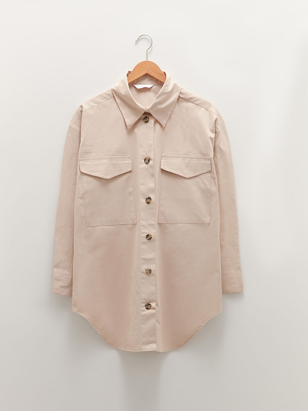 Bej Önden Düğme Kapamalı Düz Uzun Kollu Poplin Kadın Gömlek-5