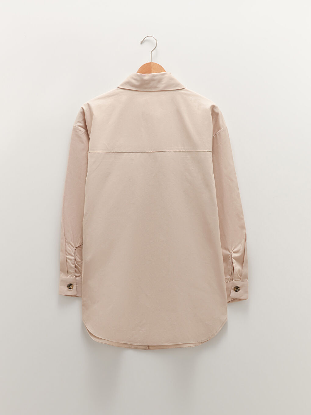 Bej Önden Düğme Kapamalı Düz Uzun Kollu Poplin Kadın Gömlek-6