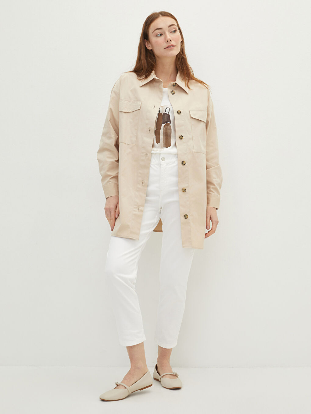 Bej Önden Düğme Kapamalı Düz Uzun Kollu Poplin Kadın Gömlek-2