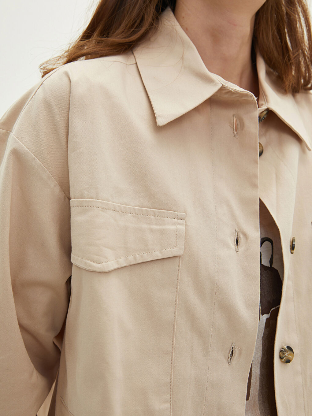 Bej Önden Düğme Kapamalı Düz Uzun Kollu Poplin Kadın Gömlek-3
