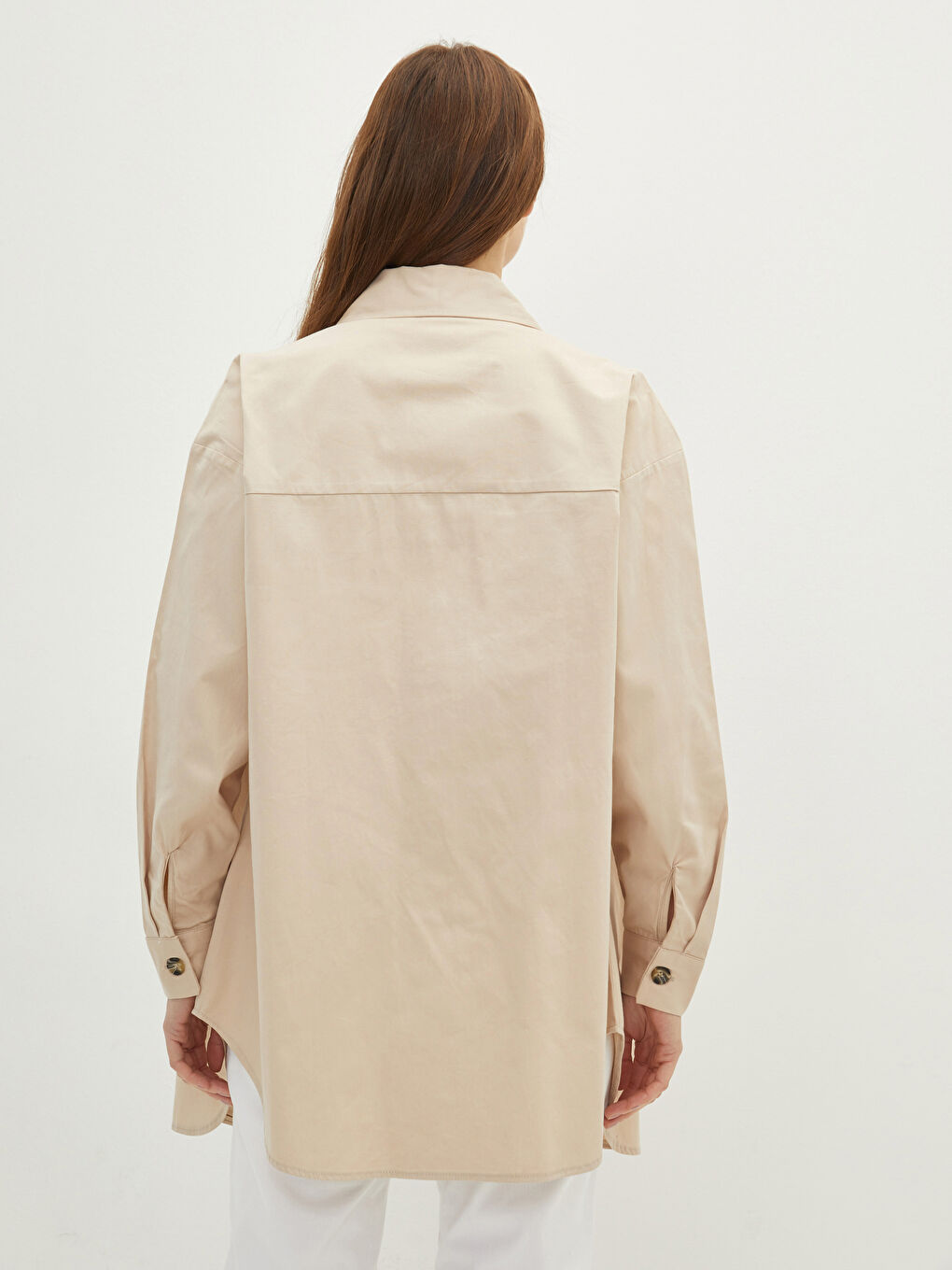 Bej Önden Düğme Kapamalı Düz Uzun Kollu Poplin Kadın Gömlek-4