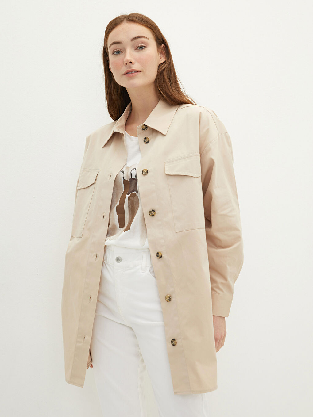 Bej Önden Düğme Kapamalı Düz Uzun Kollu Poplin Kadın Gömlek