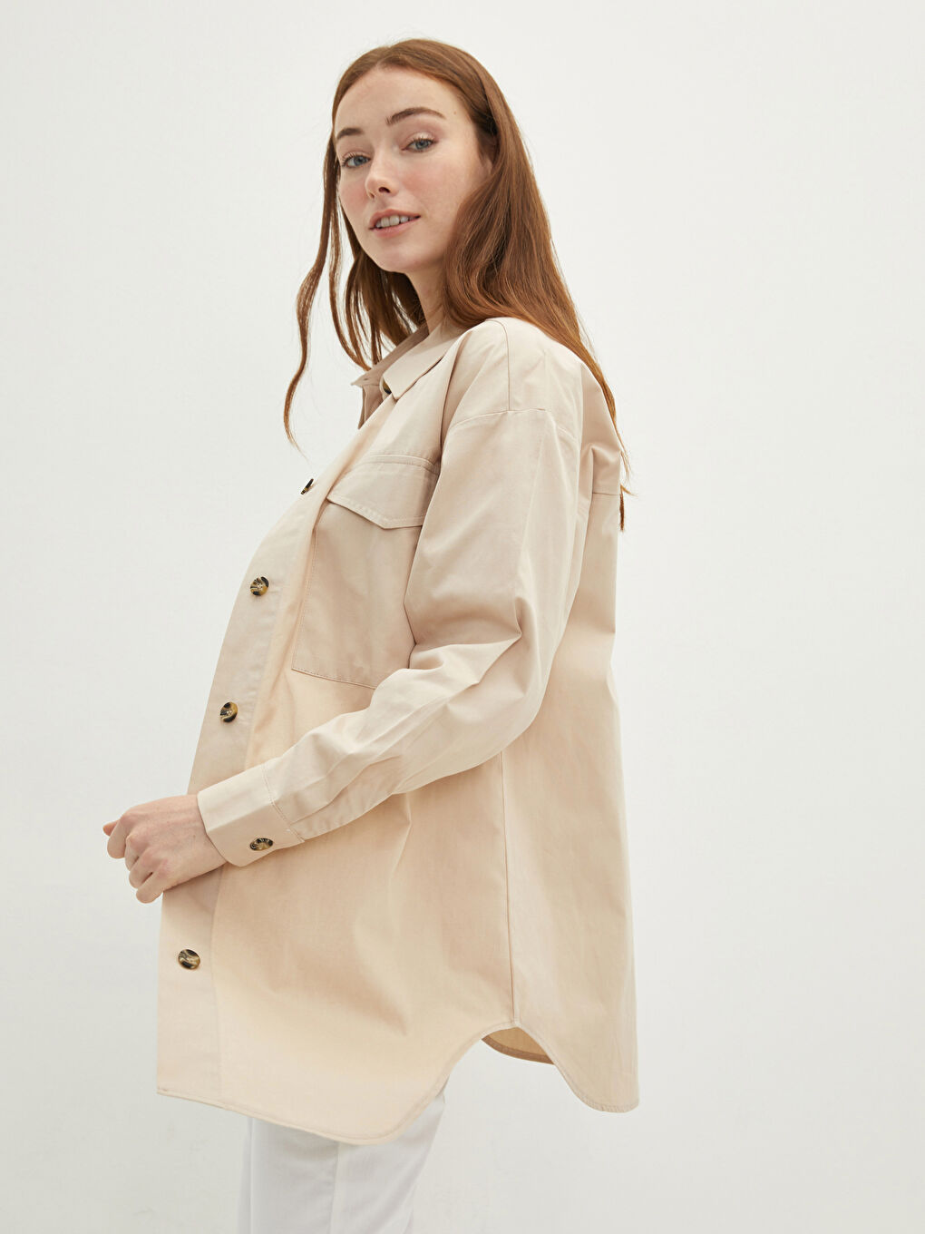 Bej Önden Düğme Kapamalı Düz Uzun Kollu Poplin Kadın Gömlek-1