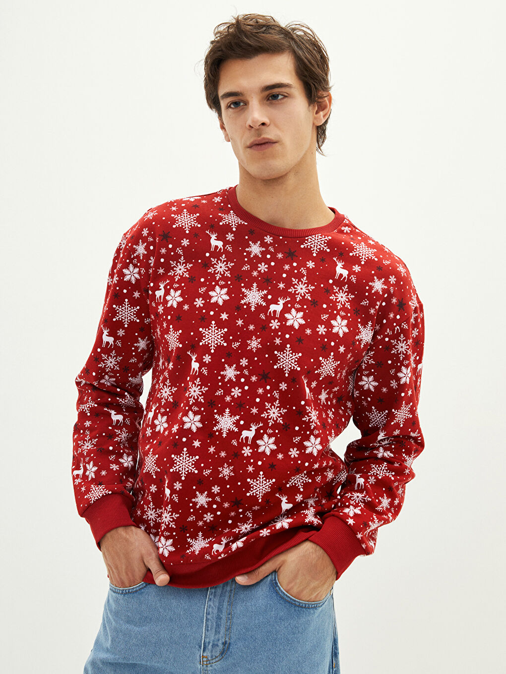 XSIDE Bisiklet Yaka Uzun Kollu Yılbaşı Temalı Erkek Kalın Sweatshirt -W1GC05Z8-HJM