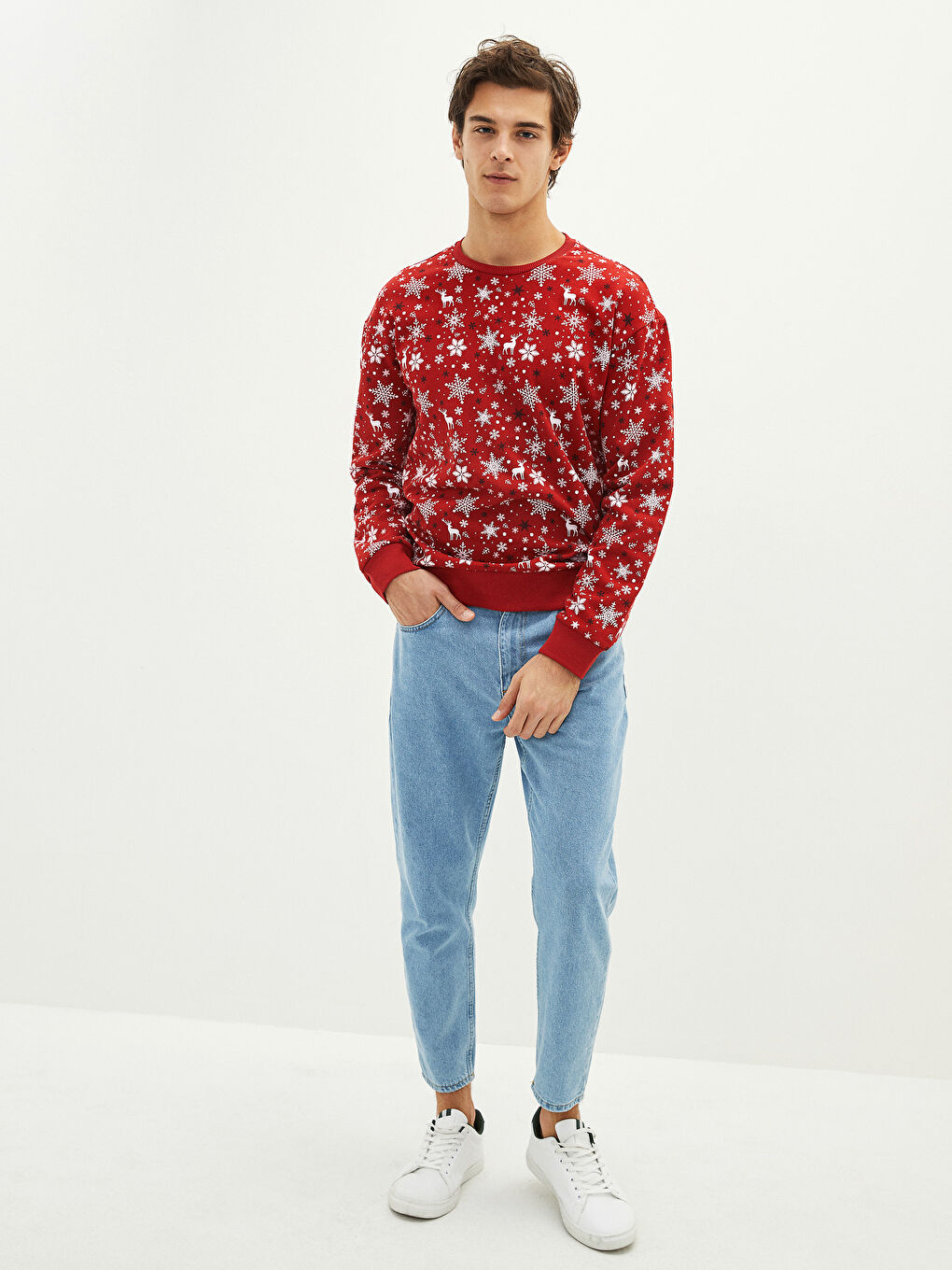 XSIDE Bisiklet Yaka Uzun Kollu Yılbaşı Temalı Erkek Kalın Sweatshirt -W1GC05Z8-HJM