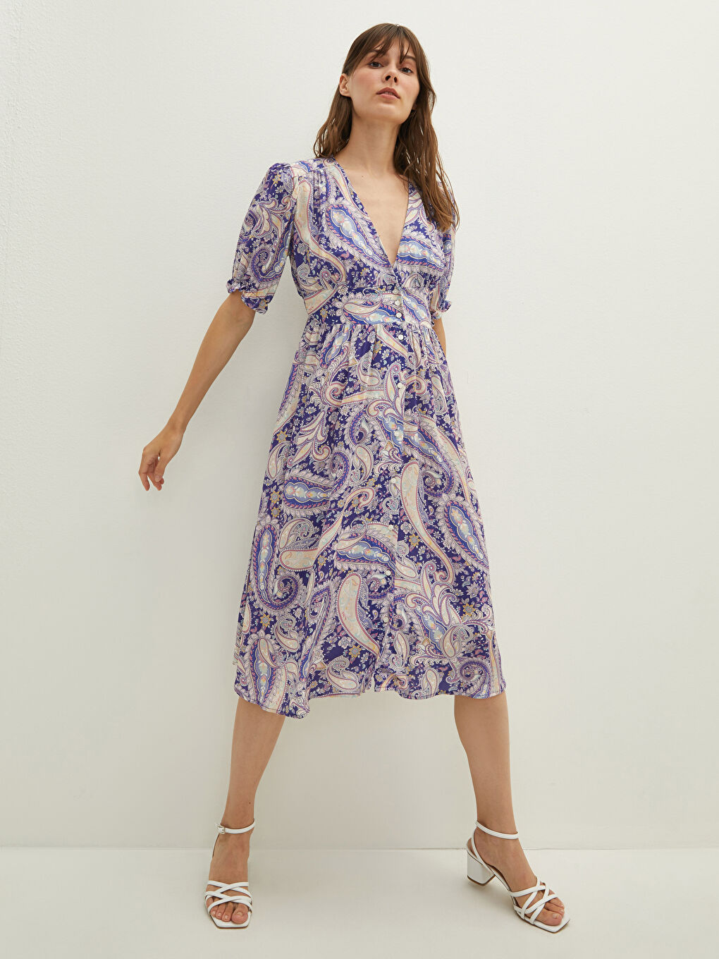 V-Ausschnitt Ethnisch Gemustertes Kurzarm Viskose Kleid für Damen-1