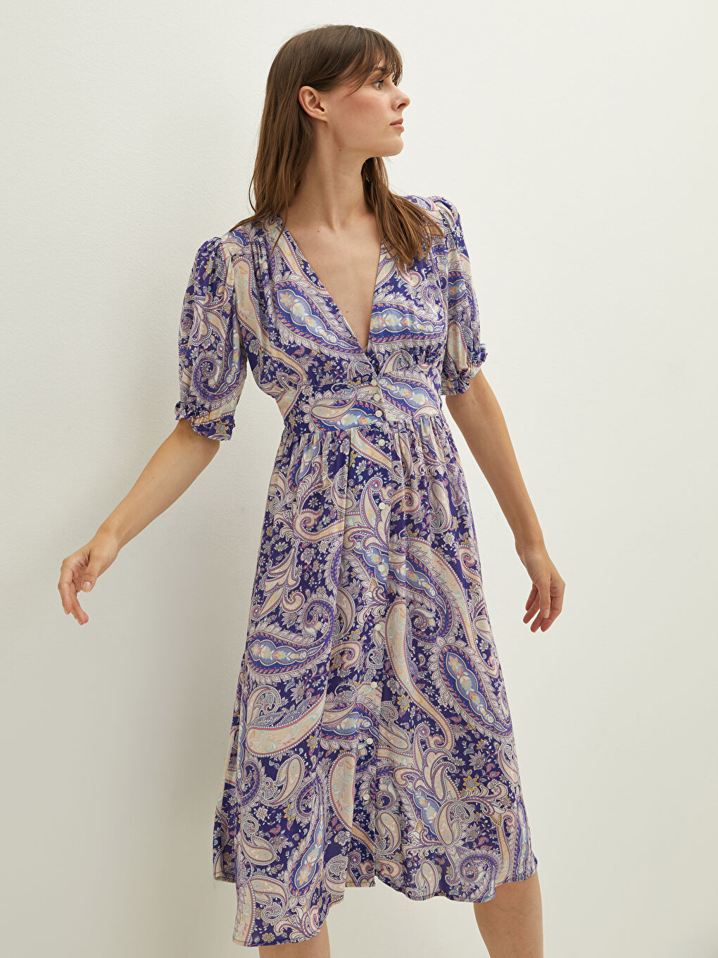 V-Ausschnitt Ethnisch Gemustertes Kurzarm Viskose Kleid für Damen-2