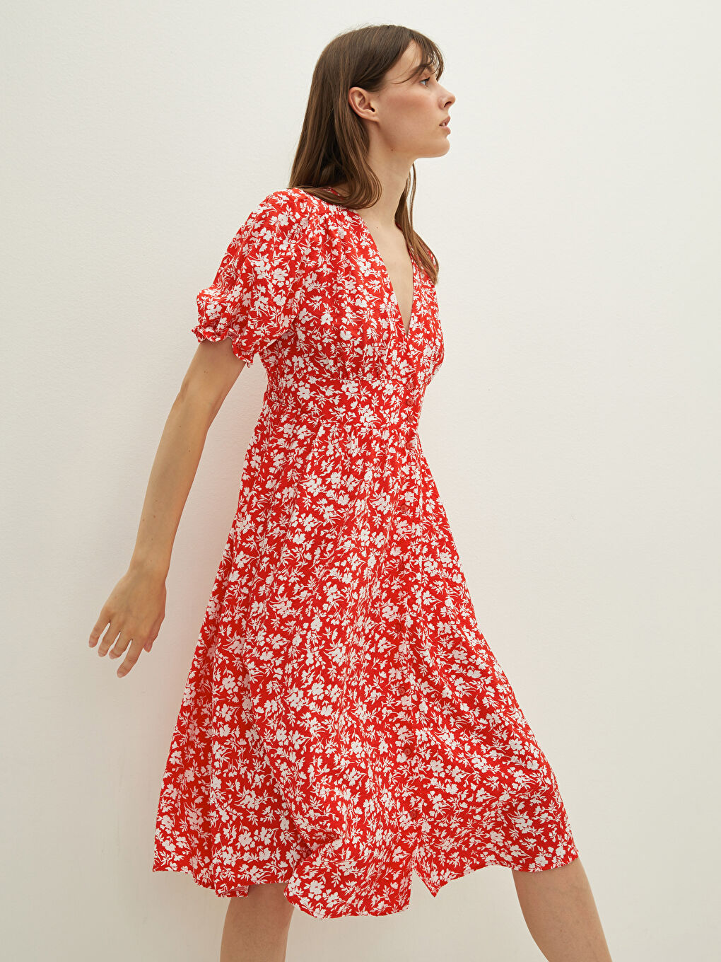 Kırmızı V Yaka Çiçekli Balon Kollu Kadın Elbise-2