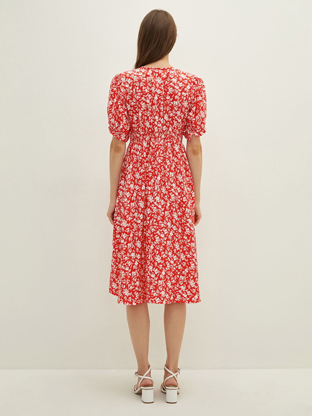 Kırmızı V Yaka Çiçekli Balon Kollu Kadın Elbise-5