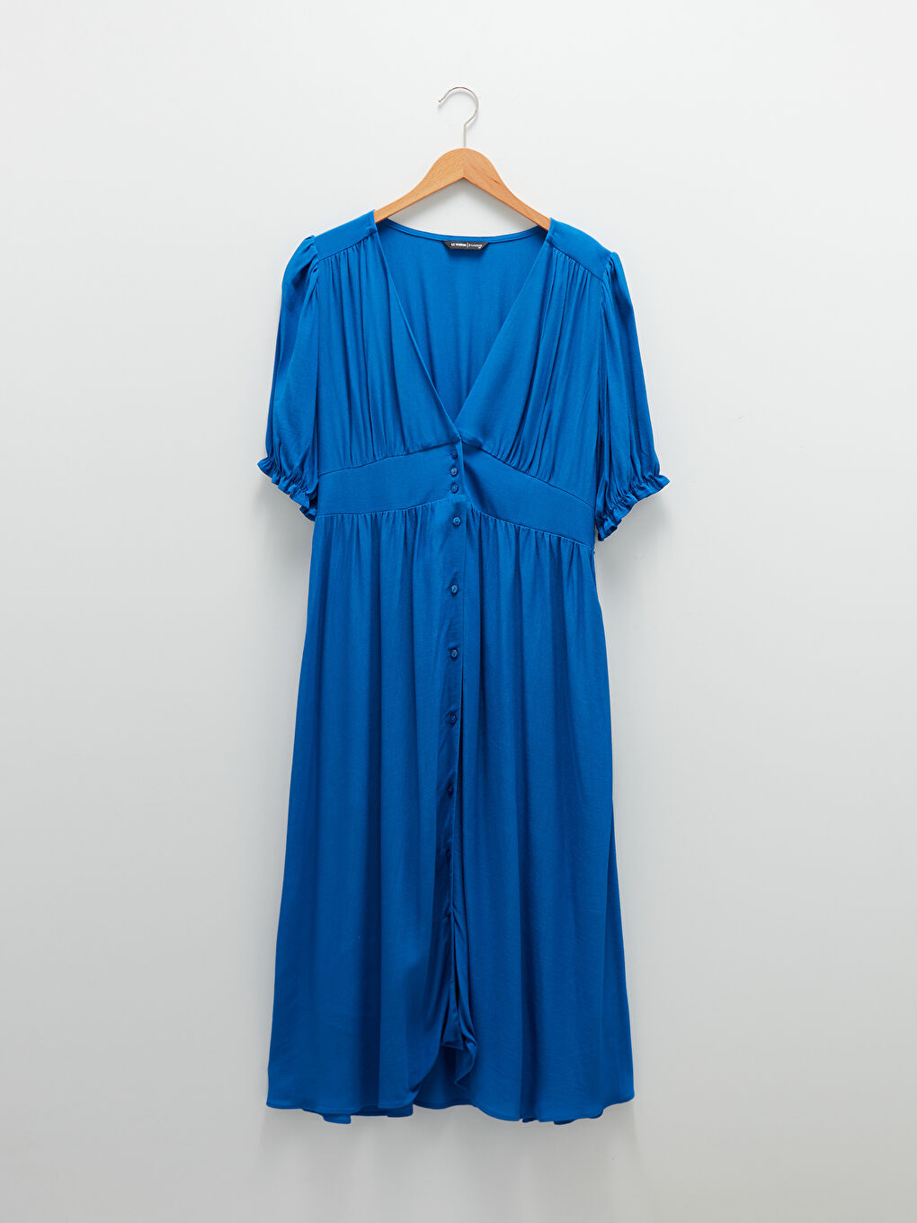 İndigo V Yaka Düz Kısa Kollu Viskon Kadın Elbise-5