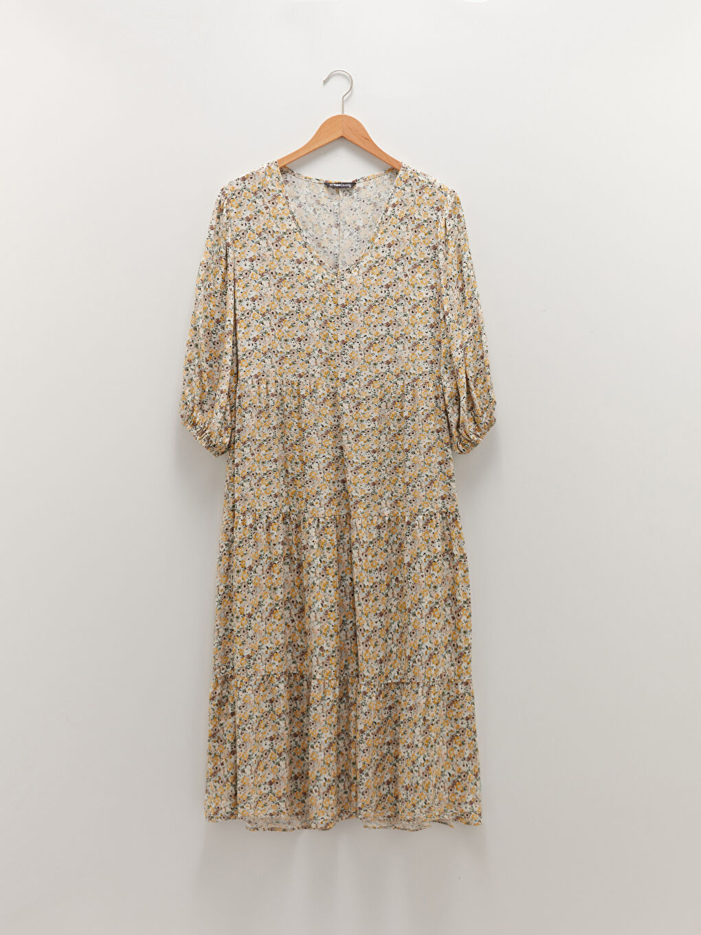 Sarı V Yaka Çiçekli Viskon Kadın Elbise-5