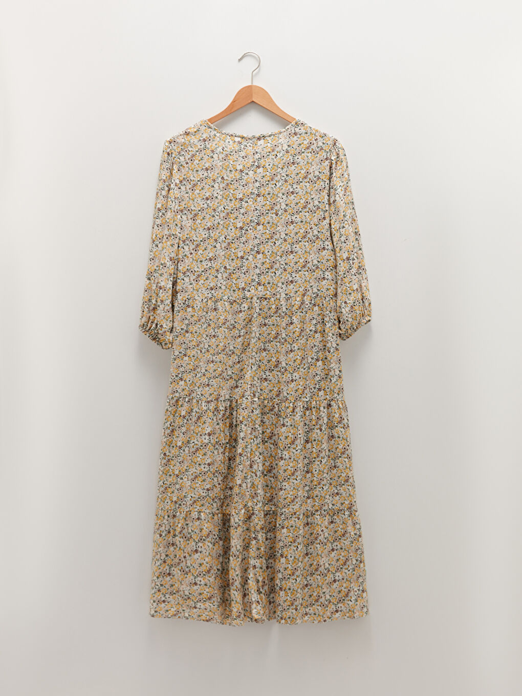 Sarı V Yaka Çiçekli Viskon Kadın Elbise-6