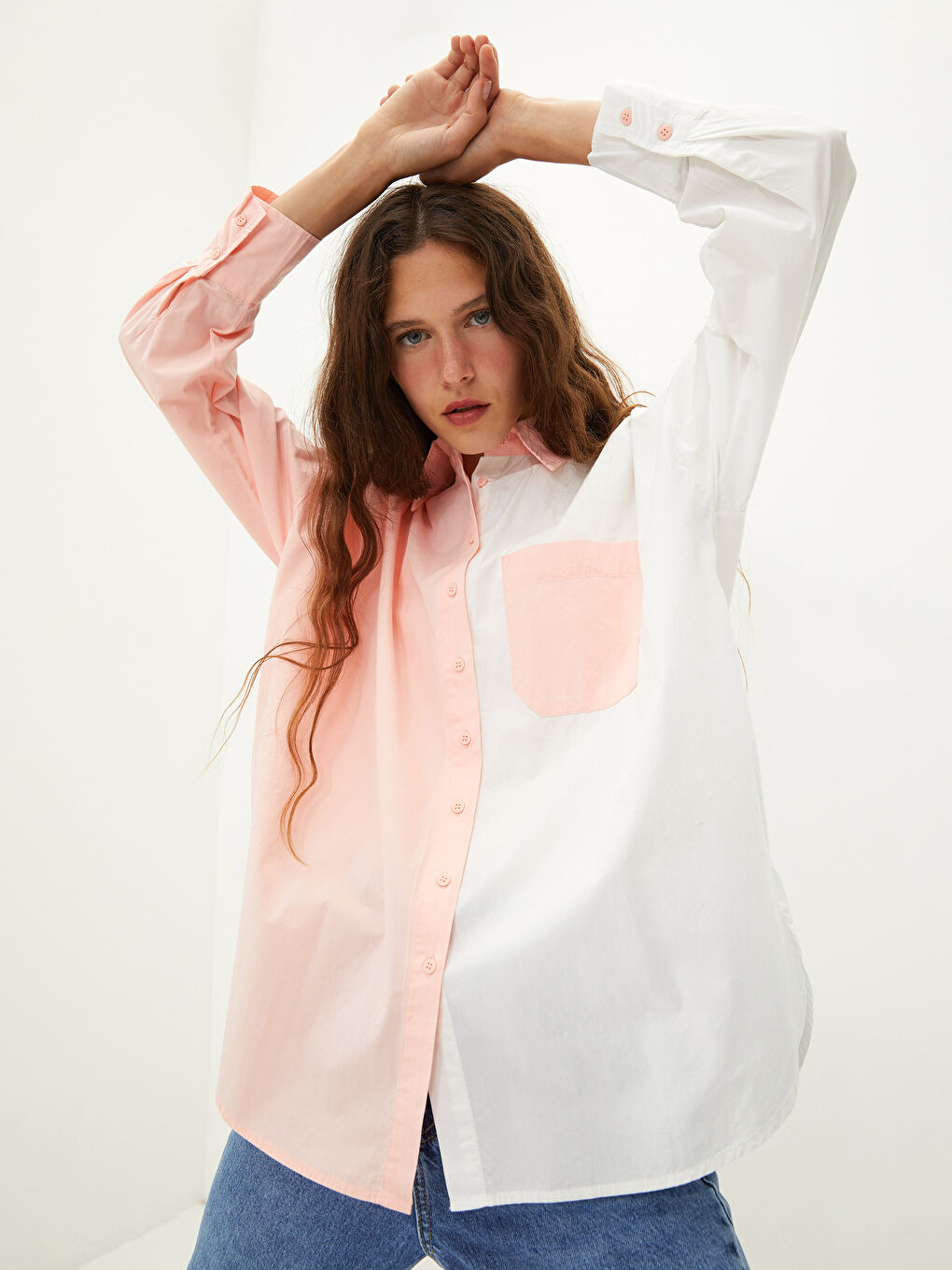 LCW Vision Buttoned Long Sleeve Poplin Women's Shirt with Color Block -W1GC76Z8-G3U