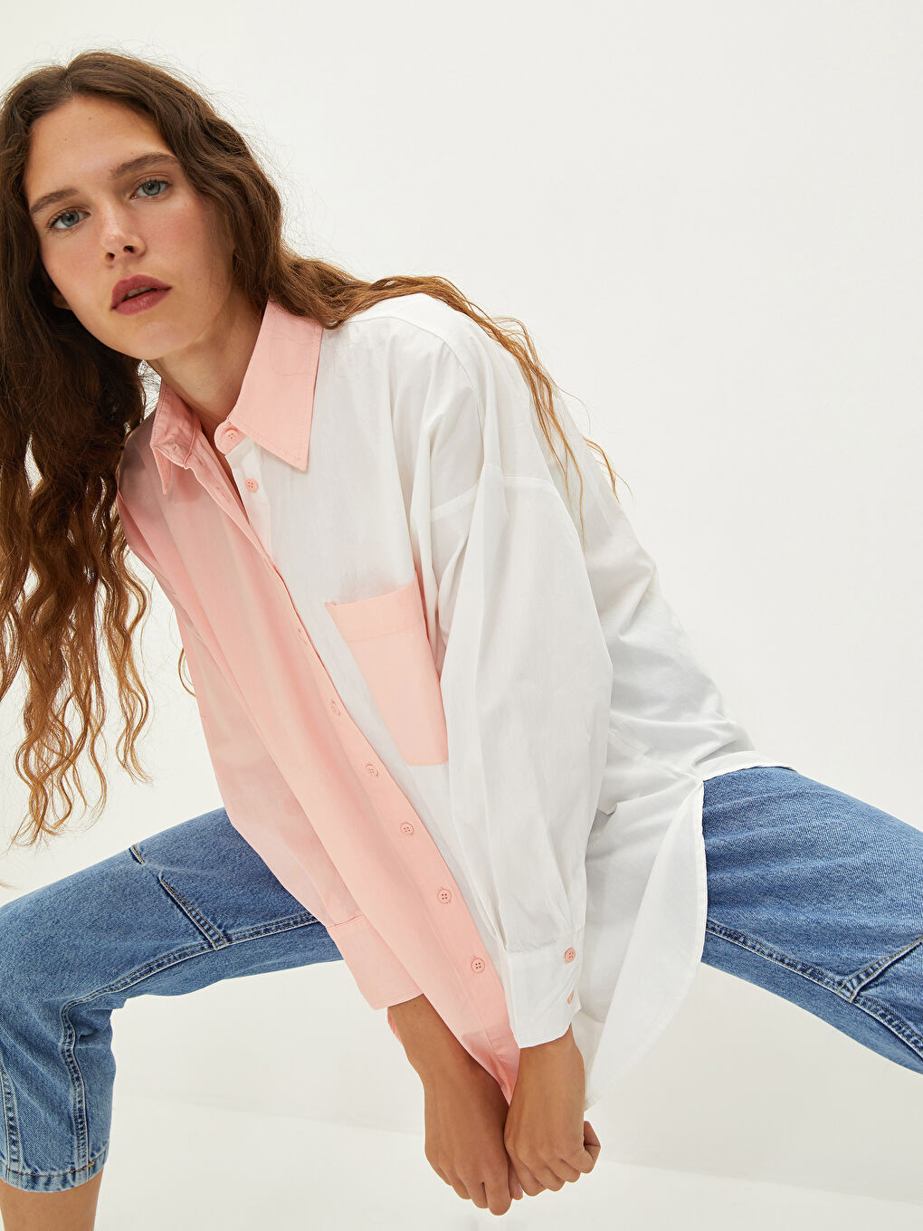 LCW Vision Buttoned Long Sleeve Poplin Women's Shirt with Color Block -W1GC76Z8-G3U