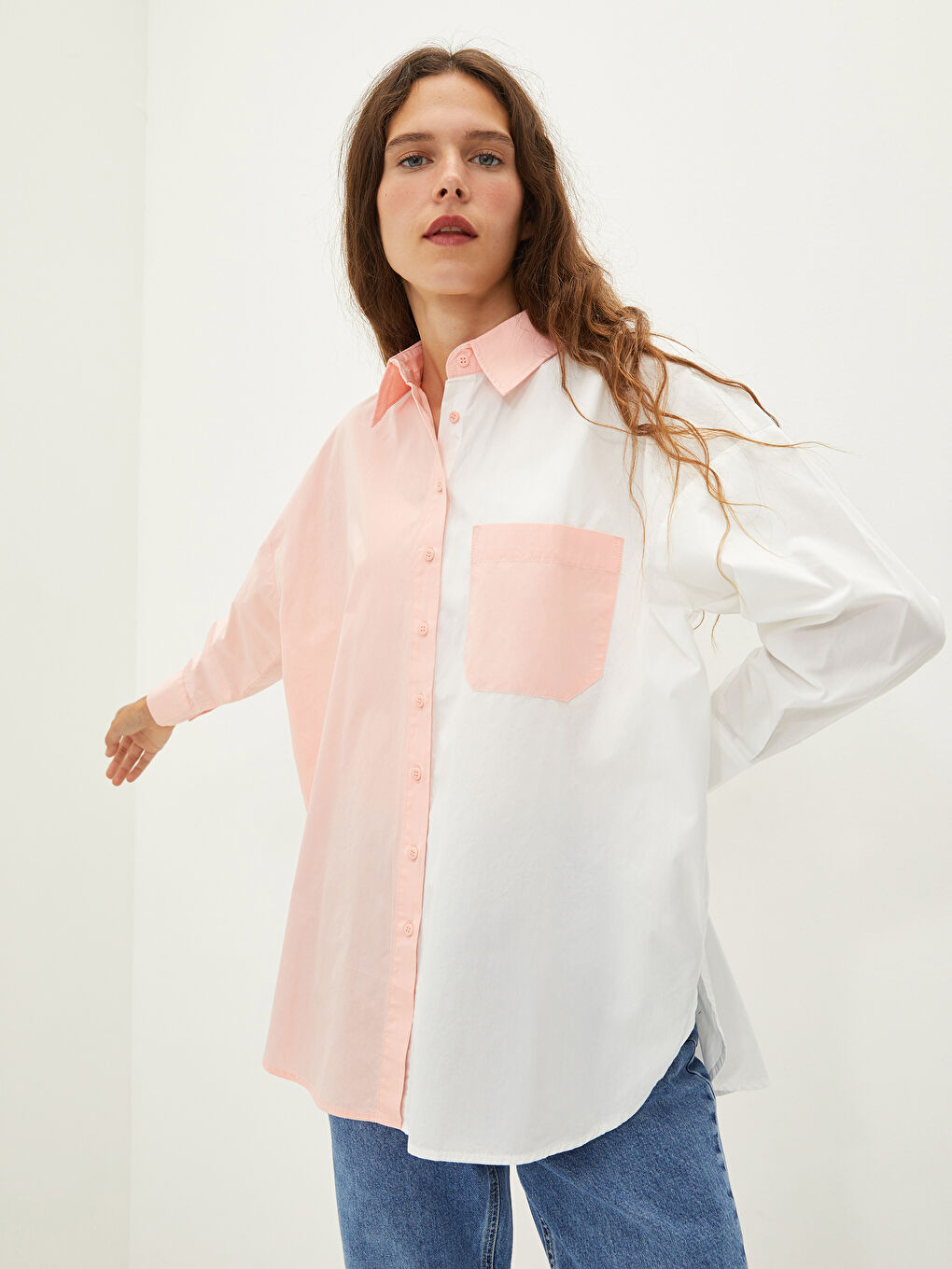 LCW Vision Buttoned Long Sleeve Poplin Women's Shirt with Color Block -W1GC76Z8-G3U