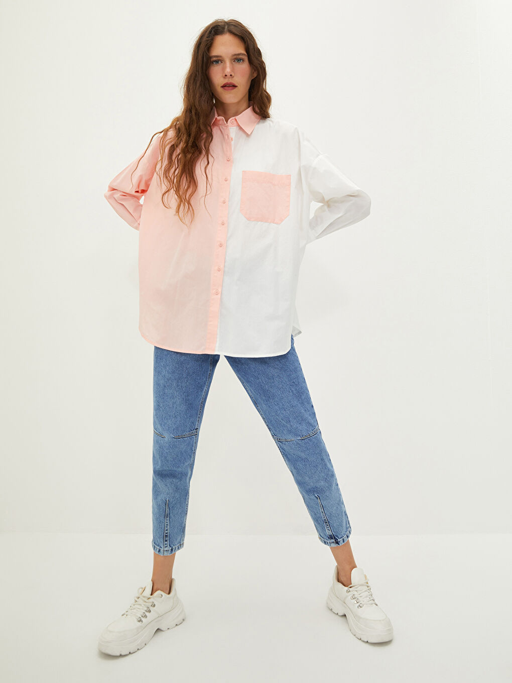 LCW Vision Buttoned Long Sleeve Poplin Women's Shirt with Color Block -W1GC76Z8-G3U