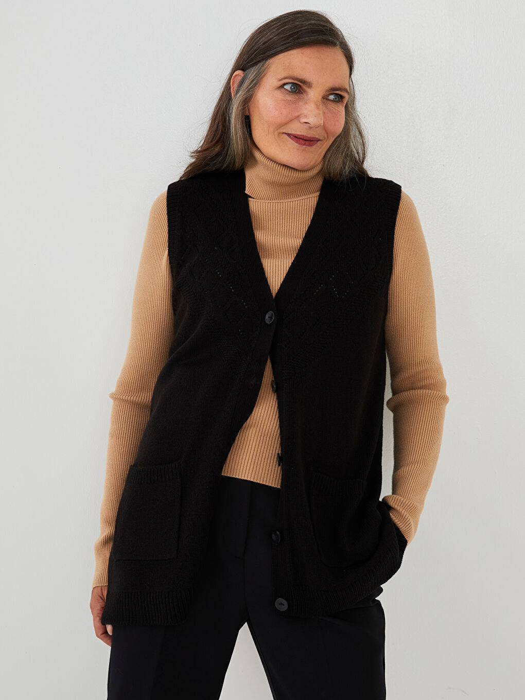 V Neck Hole-Knitted Women's Knitwear Waistcoat