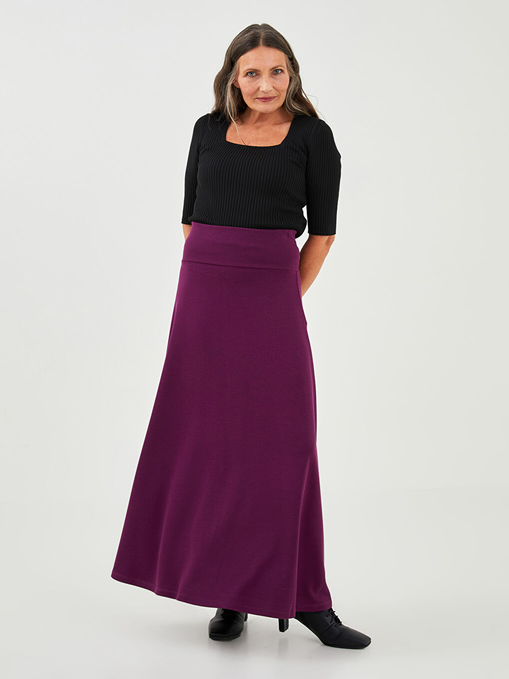 Elastic Waist Plain Comfortable Fit Ponte Fabric Women's Flared Skirt-1