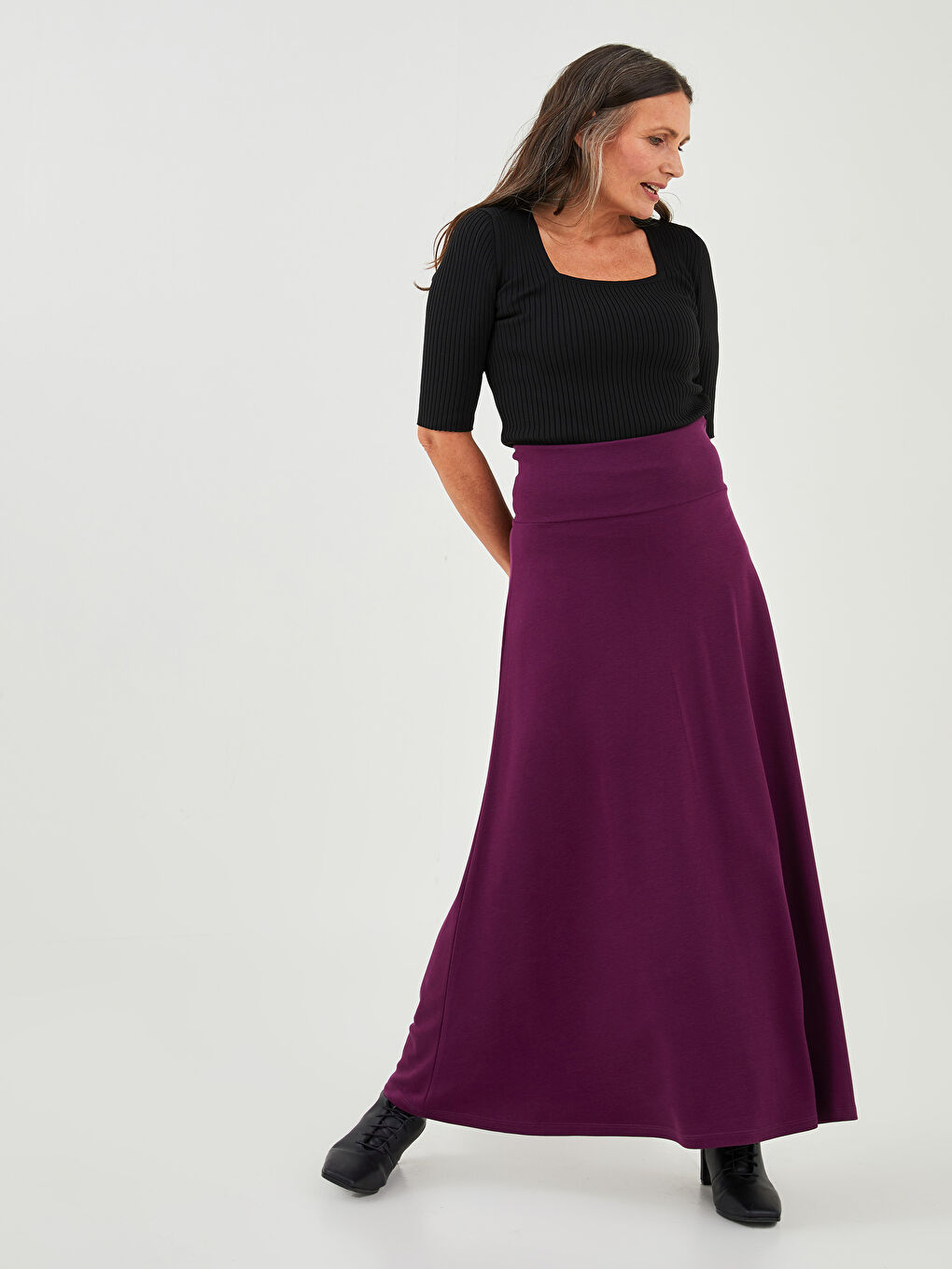 Elastic Waist Plain Comfortable Fit Ponte Fabric Women's Flared Skirt-2