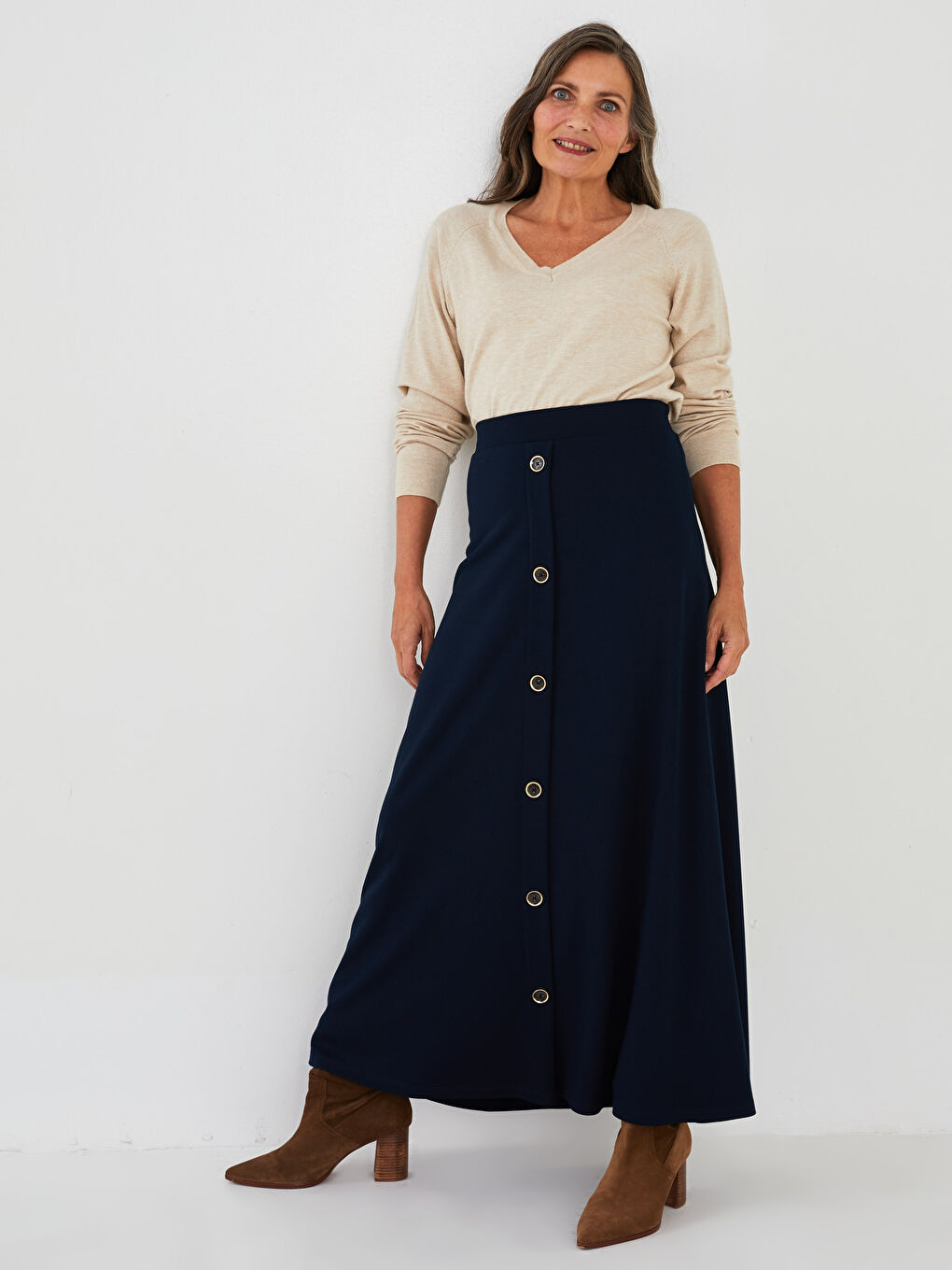 Lacivert Beli Lastikli Düğme Detaylı Kadın Kloş Etek