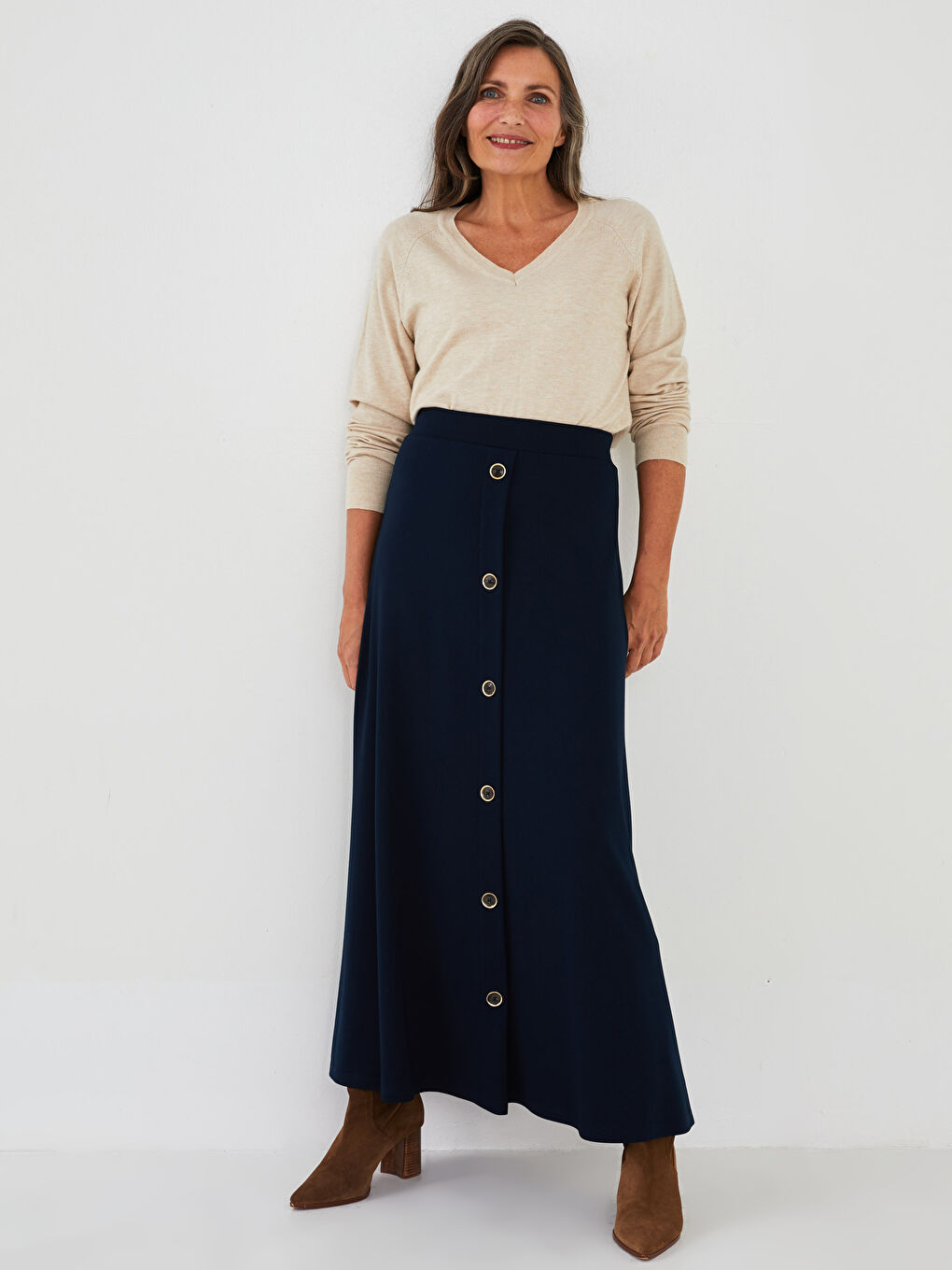 Lacivert Beli Lastikli Düğme Detaylı Kadın Kloş Etek-1