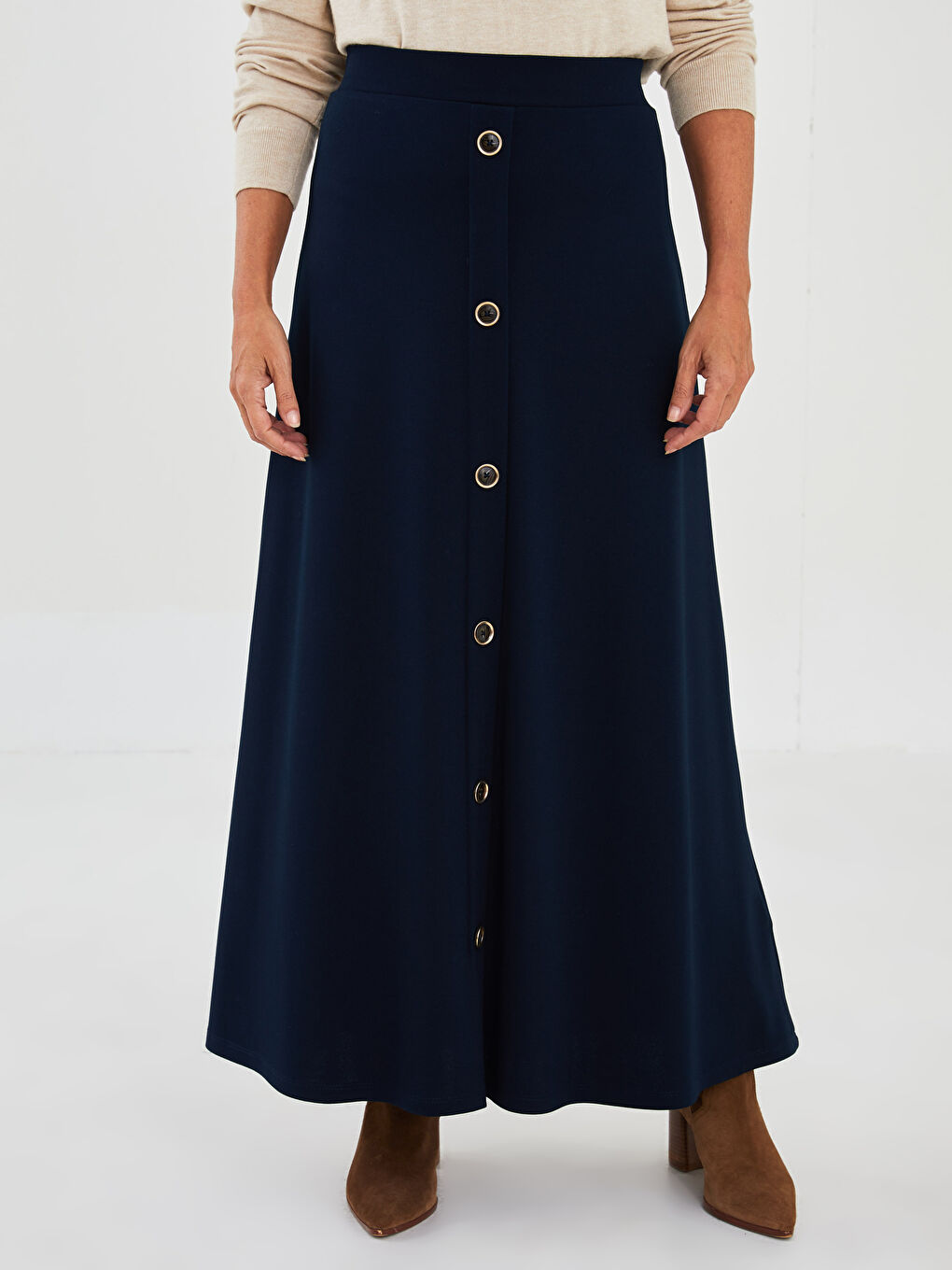 Lacivert Beli Lastikli Düğme Detaylı Kadın Kloş Etek-2