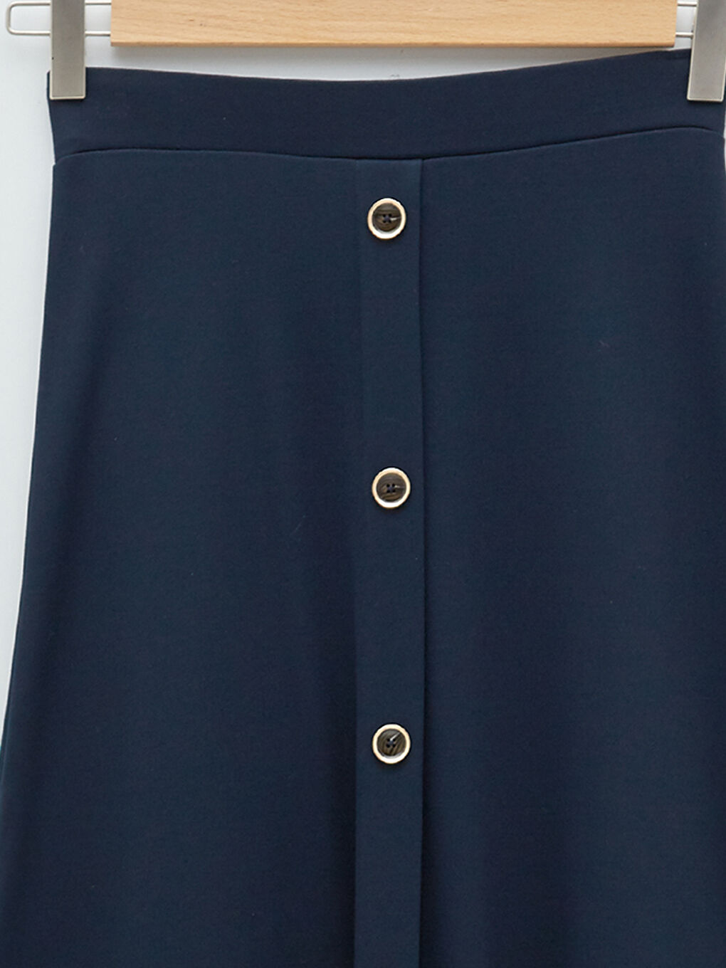 Lacivert Beli Lastikli Düğme Detaylı Kadın Kloş Etek-7