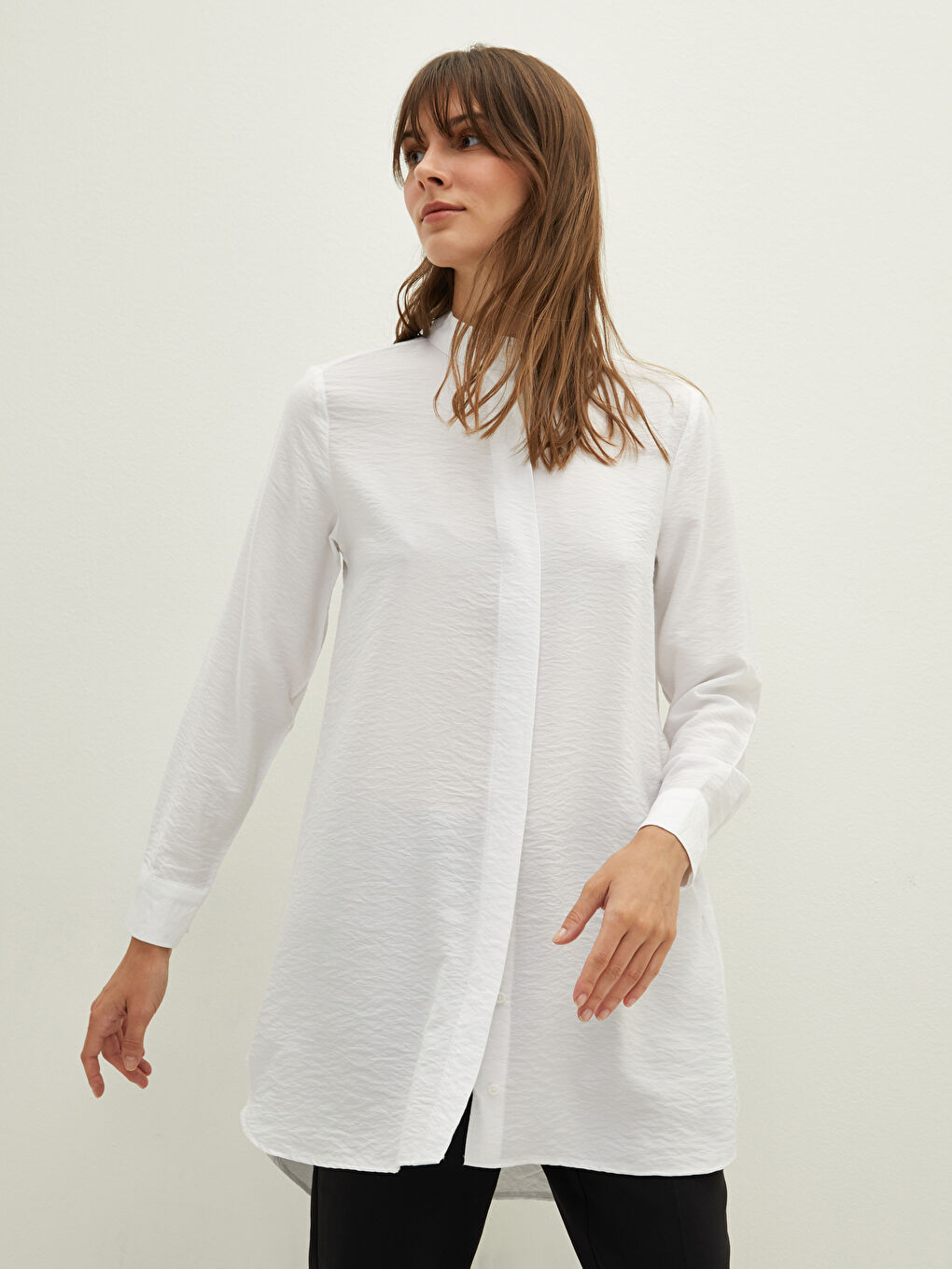 Ekru Hakim Yaka Düz Uzun Kollu Kadın Tunik