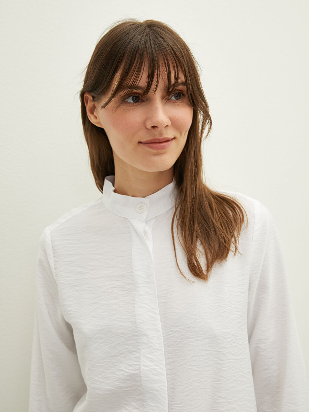 Ekru Hakim Yaka Düz Uzun Kollu Kadın Tunik-3