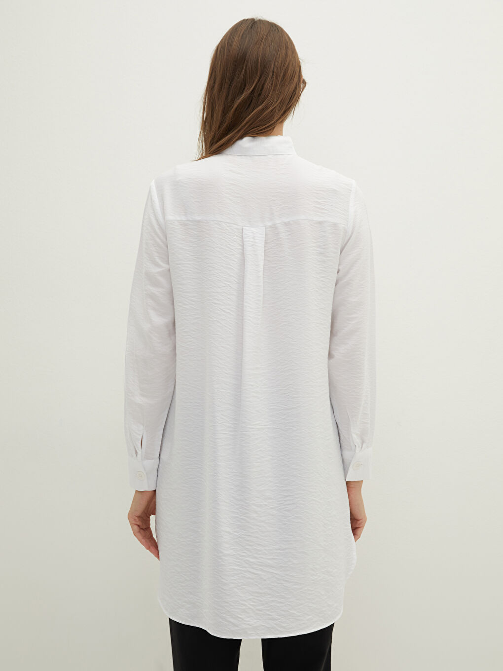 Ekru Hakim Yaka Düz Uzun Kollu Kadın Tunik-4