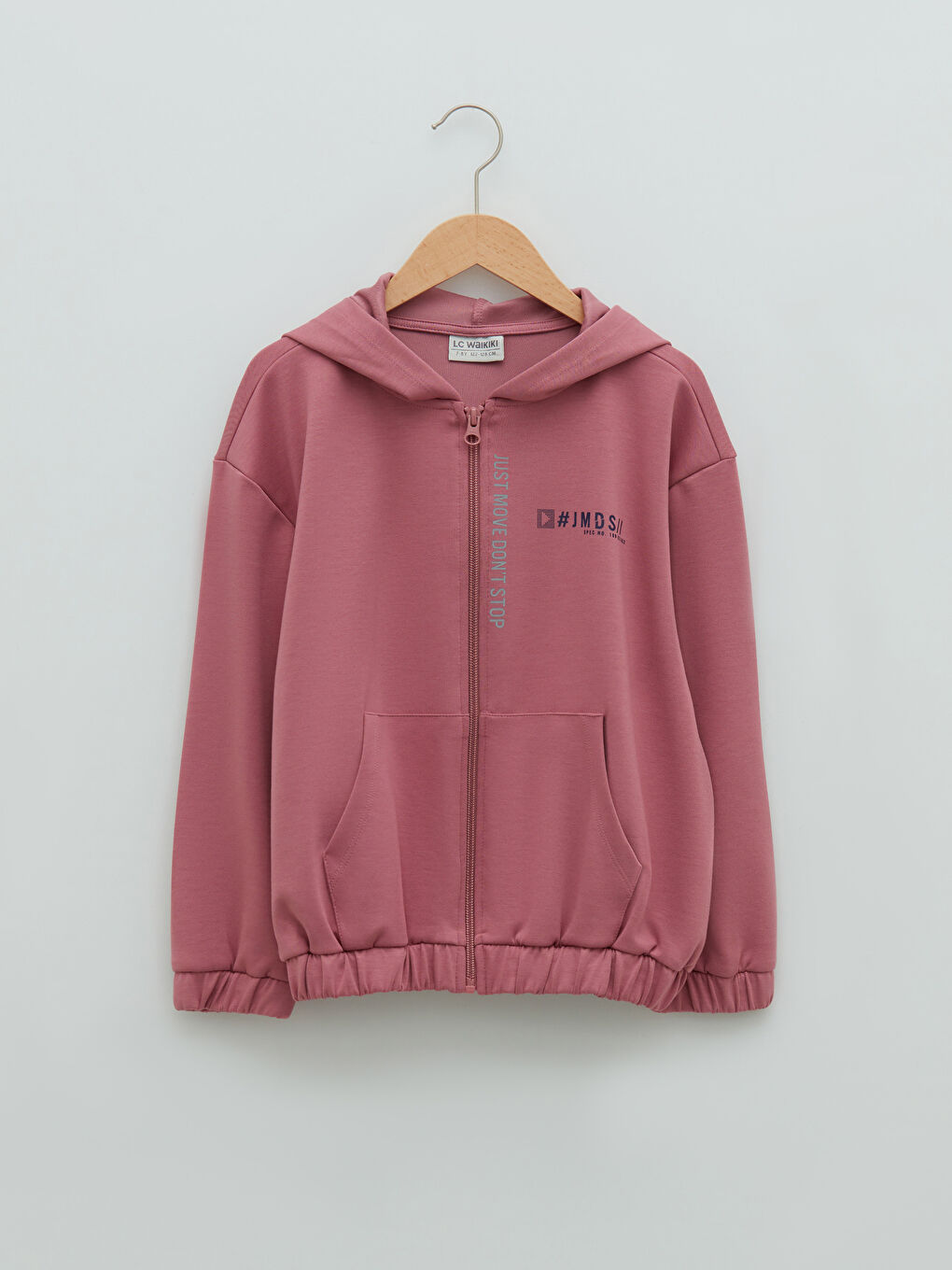 Pembe Kapüşonlu Slogan Baskılı Uzun Kollu Kız Çocuk Fermuarlı Sweatshirt
