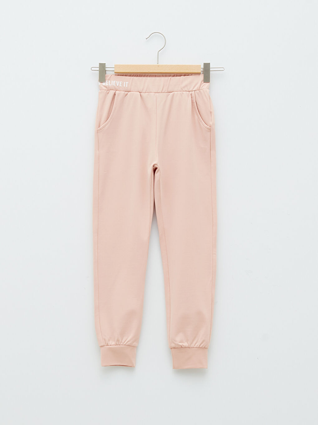 Pembe Beli Lastikli Slogan Baskılı Kız Çocuk Jogger Eşofman Alt
